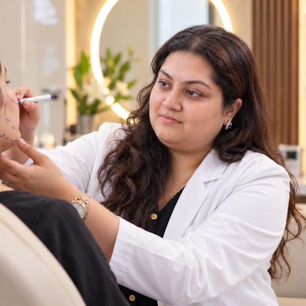 Dr. Swikriti Raniwala marking a patient’s face before a procedure
