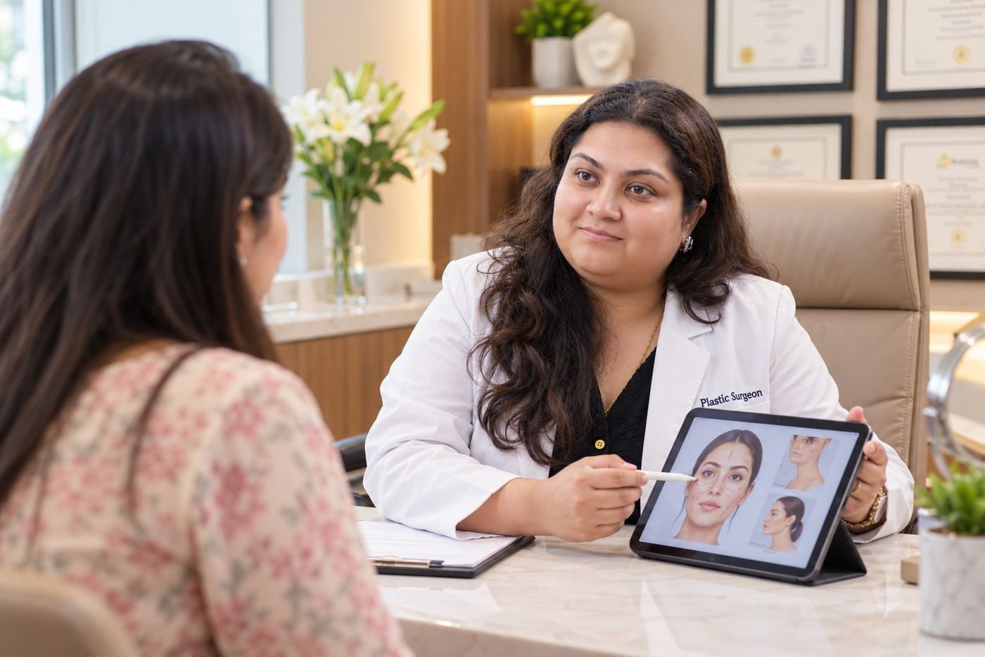 Dr. Swikriti Raniwala explaining a treatment plan on a tablet to a patient